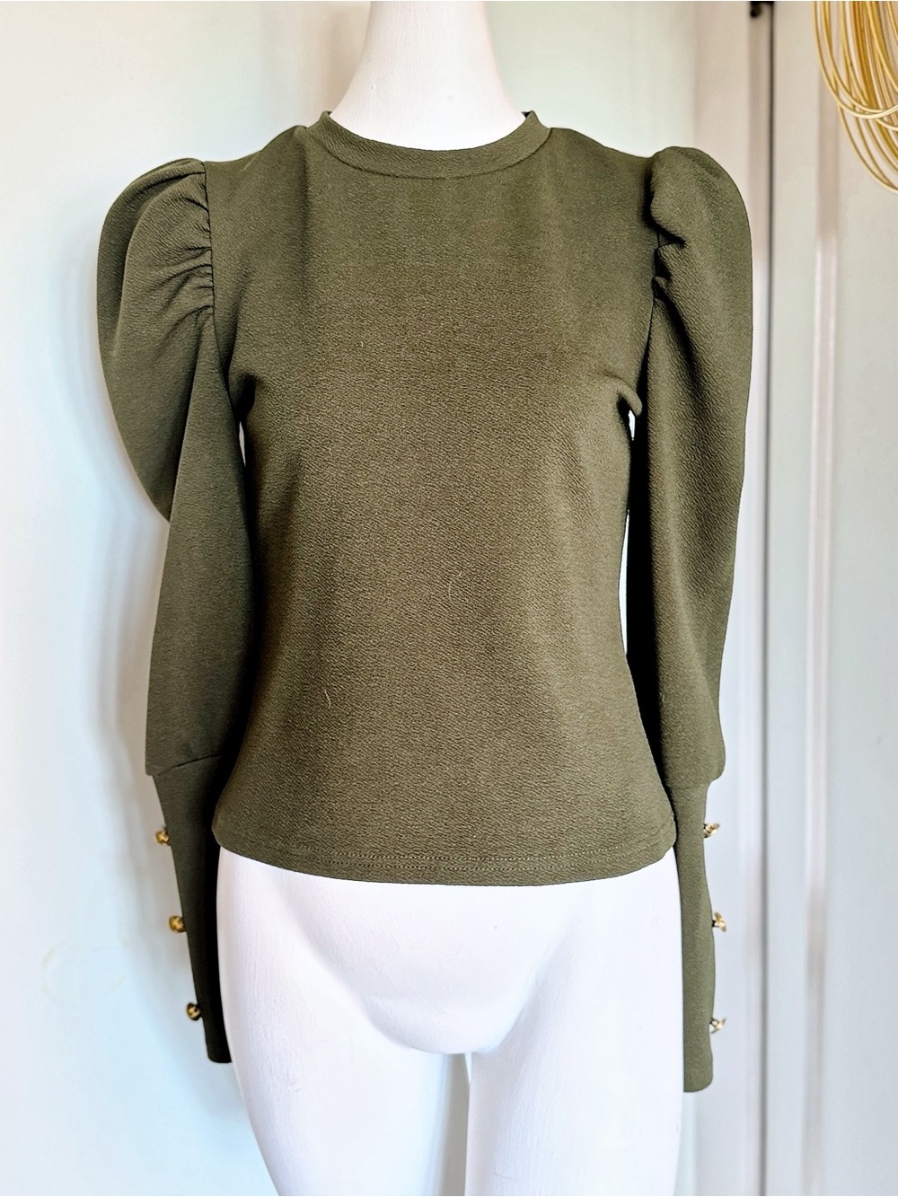 SHEIN Olive Green Puff Sleeve Gold Button Cuff Top Blouse Size Medium